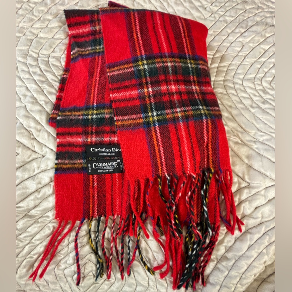 Christian Dior Monsieur Vintage Red Plaid Cashmaire Scarf Made in Japan